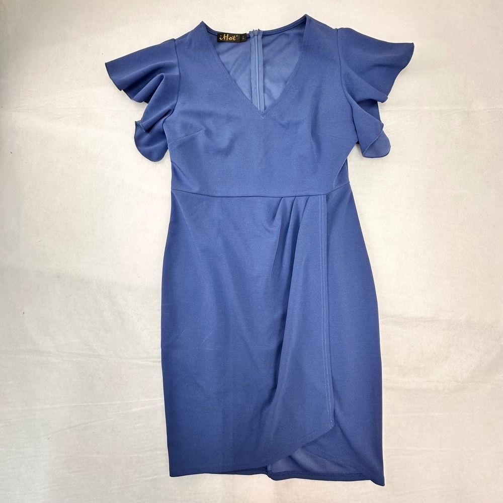 iHot Womens Blue Ruffle Sleeve V-Neck‎ Tulip Hem Sheath Dress Large